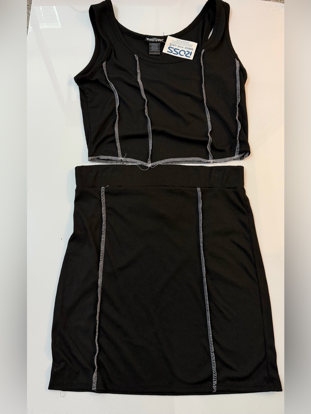 Black Ribbed Tank and Skirt Set with Contrast Stitching